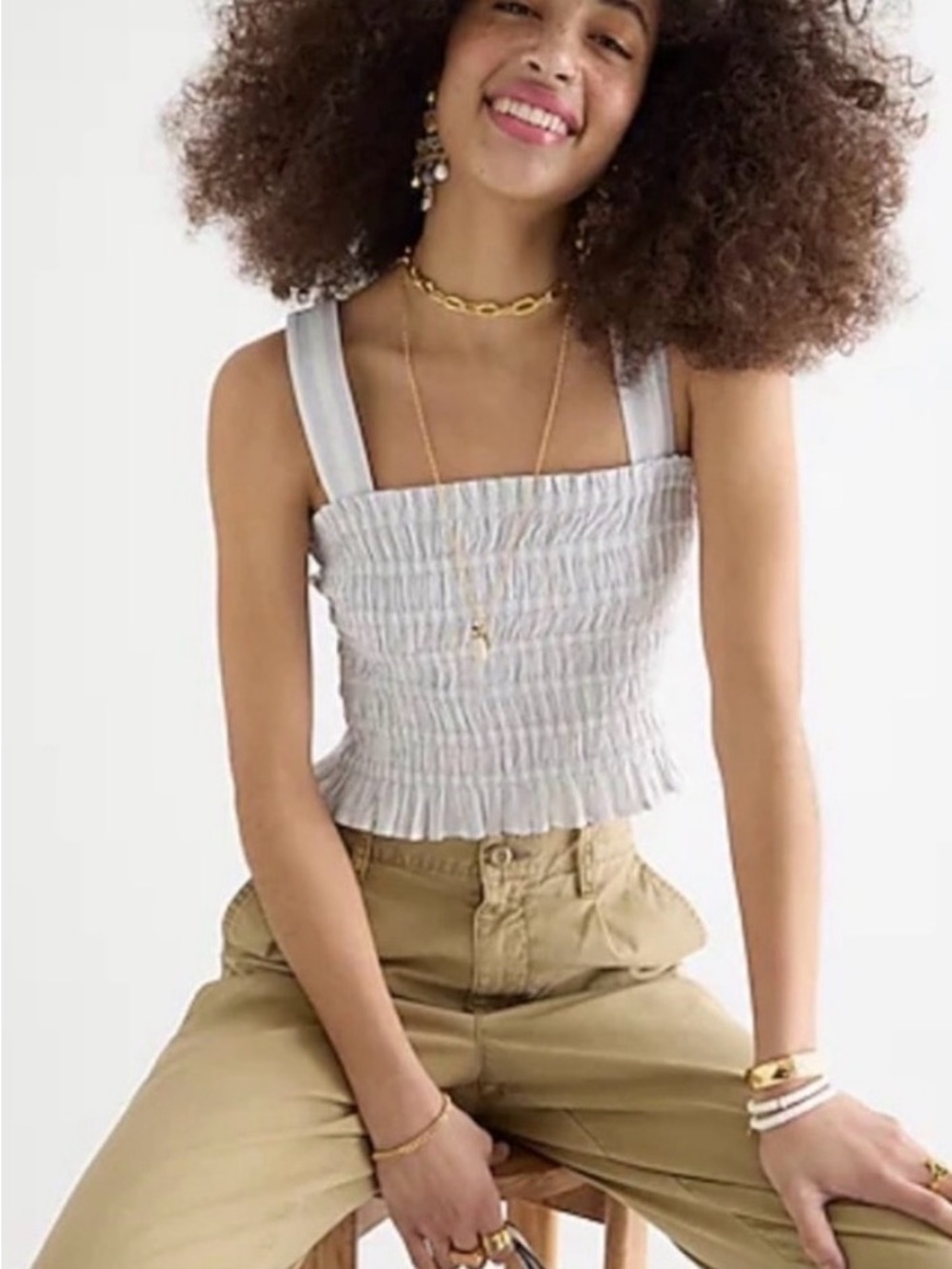 J. Crew Light Blue Smocked Square-Neck Crop Top with Wide Straps